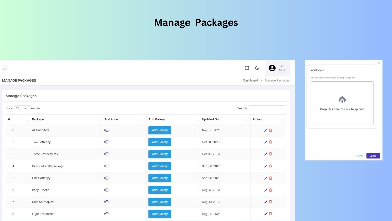 Feature to manage and create photography packages, including the option to showcase sample images in a gallery, providing clients with a preview of the photos they can expect from each package.