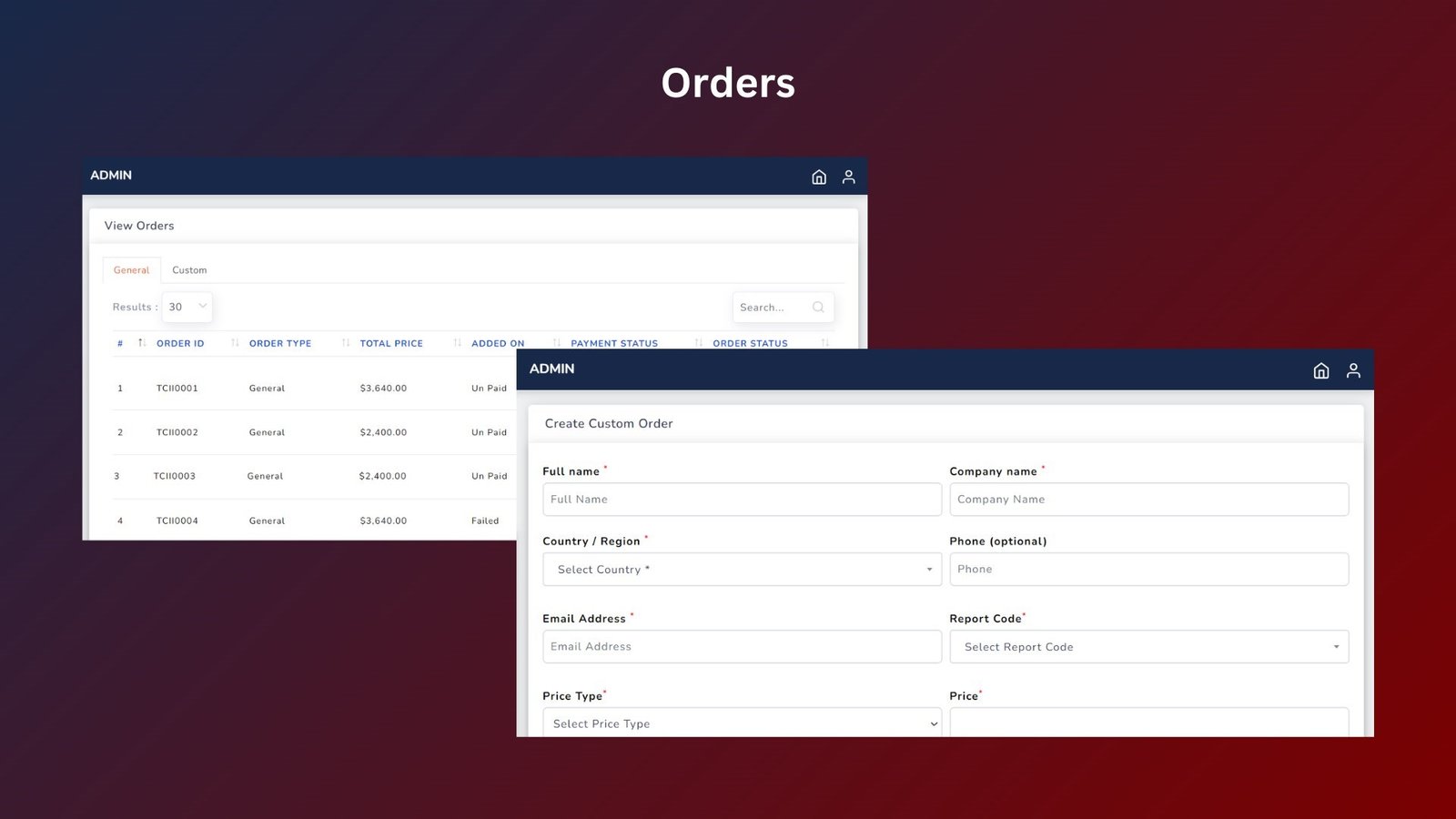Feature to view all placed orders and create custom orders for offline purchase of reports.